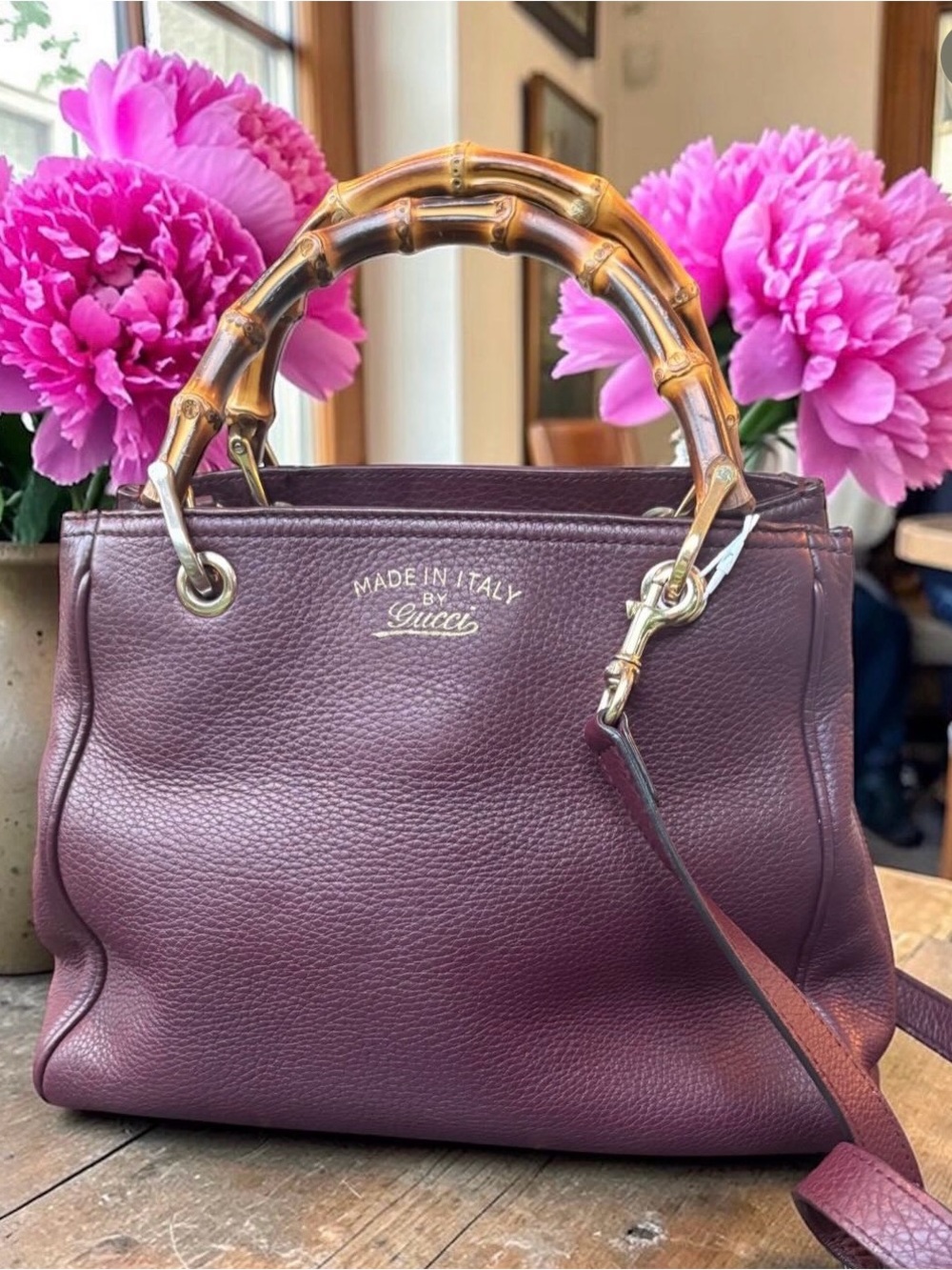 Gucci Plum Leather Satchel with Bamboo Handles